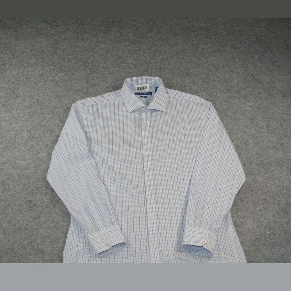 Vince Camuto Mens Button Down Shirt 16 32/33 White Blue Check Slim Fit Cotton